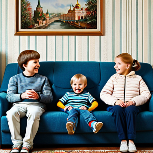 Home 25 Nostalgic Family Viewing**
"A warm, cozy living room scene in a typical Russian apartment. A family (parents and two children) are gathered on a comfortable sofa, all smiling and looking at a retro-style television screen. The TV is displaying a frame from an animated show reminiscent of 90s cartoons, possibly featuring a superhero. The room is decorated with family photos and traditional Russian elements. Everyone is fully clothed in comfortable, modest attire. Safe for work, appropriate content, family-friendly, professional illustration, perfect anatomy, natural proportions, high quality."
**