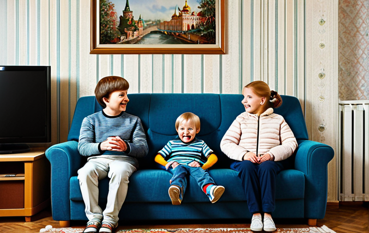 Nostalgic Family Viewing**

"A warm, cozy living room scene in a typical Russian apartment. A family (parents and two children) are gathered on a comfortable sofa, all smiling and looking at a retro-style television screen. The TV is displaying a frame from an animated show reminiscent of 90s cartoons, possibly featuring a superhero.  The room is decorated with family photos and traditional Russian elements. Everyone is fully clothed in comfortable, modest attire. Safe for work, appropriate content, family-friendly, professional illustration, perfect anatomy, natural proportions, high quality."

**