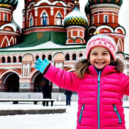 Home 12 **
A cheerful young girl, about 6 years old, wearing a bright, colorful, fully clothed winter snowsuit with a hat and mittens, playing in a snowy park in Moscow. In the background, see the colorful domes of Saint Basil's Cathedral. Safe for work, appropriate content, modest, family-friendly, perfect anatomy, natural proportions, well-formed hands, proper finger count, natural pose, professional illustration, high quality.
**